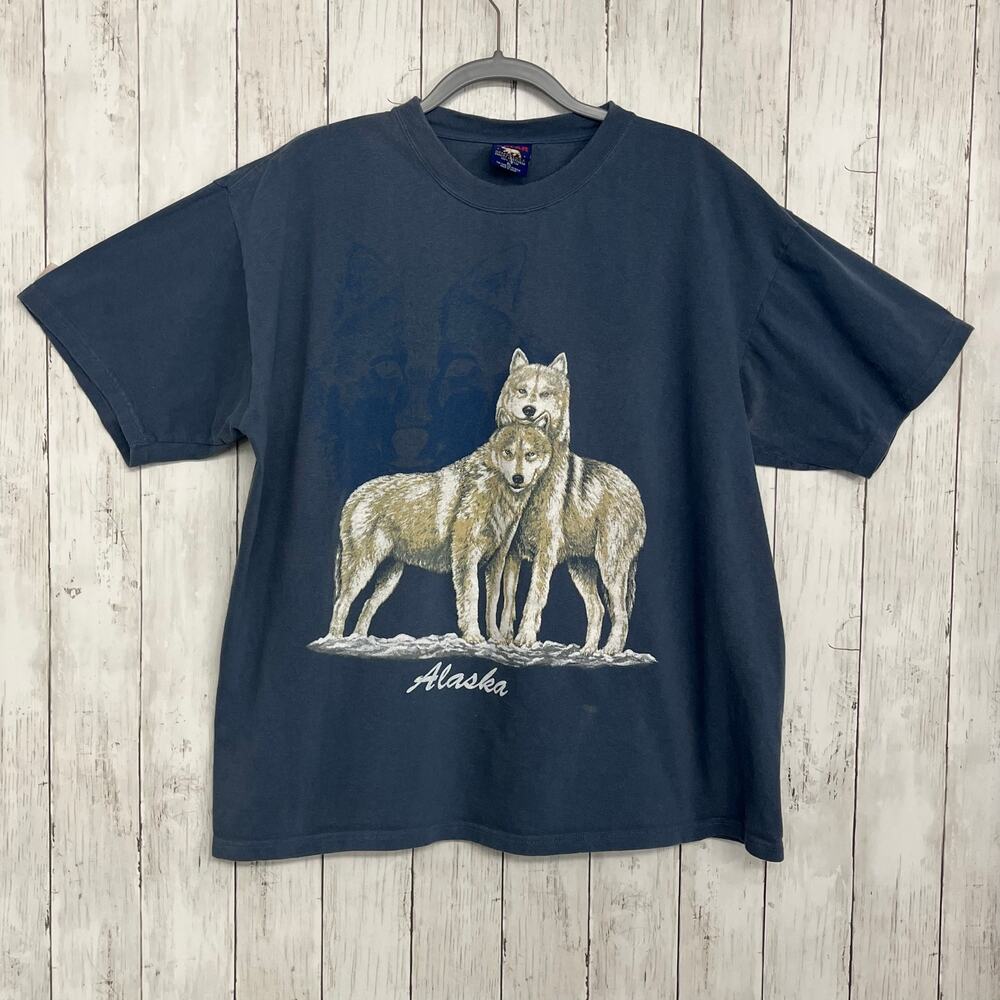 Vintage Blue Alaska Wolf Polar Tag Cotton Short Sleeve Crew Neck T-Shirt XL
